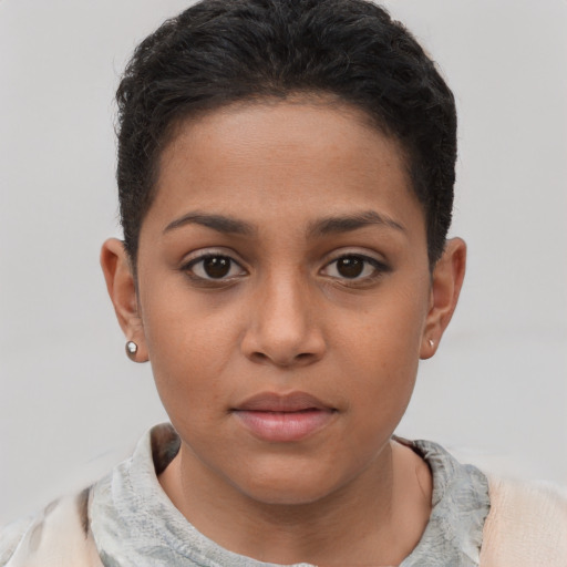 Neutral latino young-adult female with short  brown hair and brown eyes