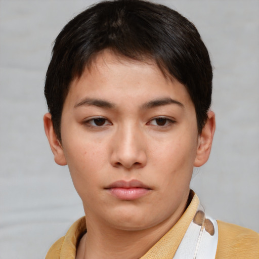 Neutral asian young-adult female with short  brown hair and brown eyes
