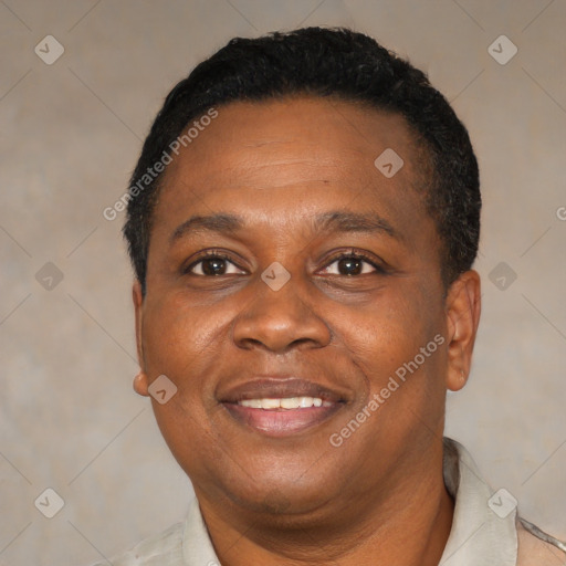 Joyful black adult male with short  black hair and brown eyes