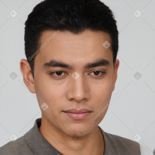 Neutral asian young-adult male with short  black hair and brown eyes