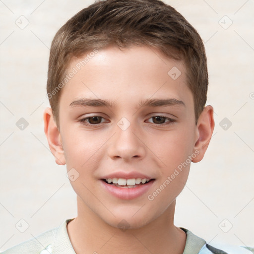 Joyful white child male with short  brown hair and brown eyes