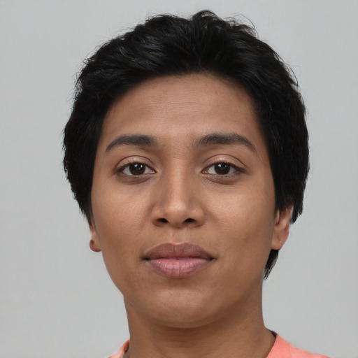 Neutral asian young-adult female with short  black hair and brown eyes