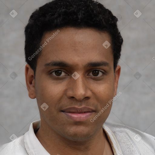 Joyful latino young-adult male with short  brown hair and brown eyes