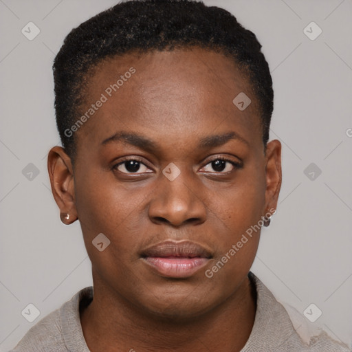 Neutral black young-adult female with short  brown hair and brown eyes