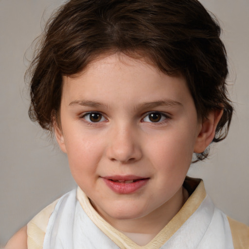 Joyful white child female with medium  brown hair and brown eyes