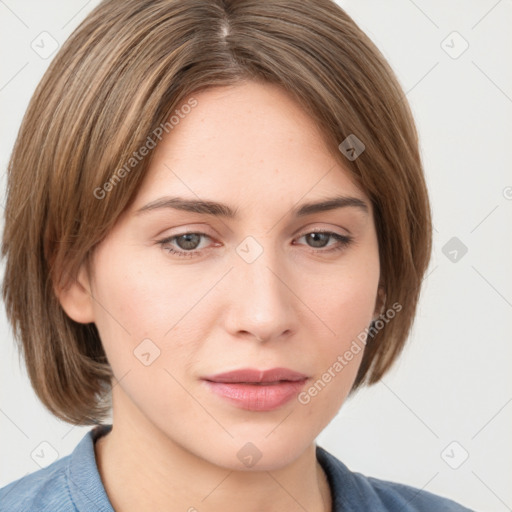 Neutral white young-adult female with medium  brown hair and grey eyes