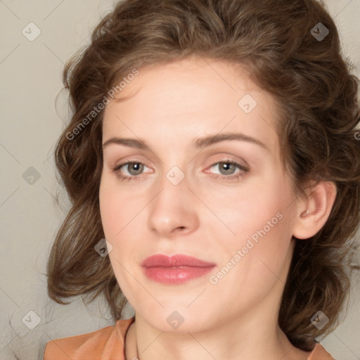 Joyful white young-adult female with medium  brown hair and green eyes