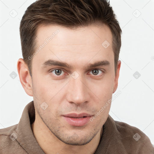 Neutral white young-adult male with short  brown hair and brown eyes