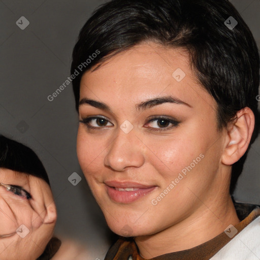 Joyful white young-adult female with short  brown hair and brown eyes