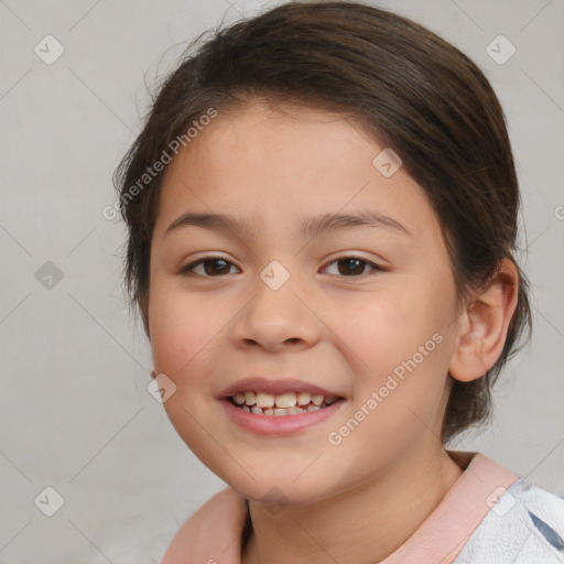 Joyful white child female with medium  brown hair and brown eyes