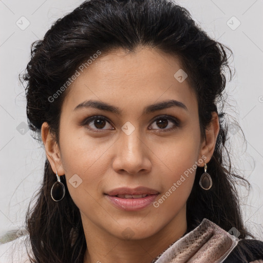 Joyful latino young-adult female with long  brown hair and brown eyes