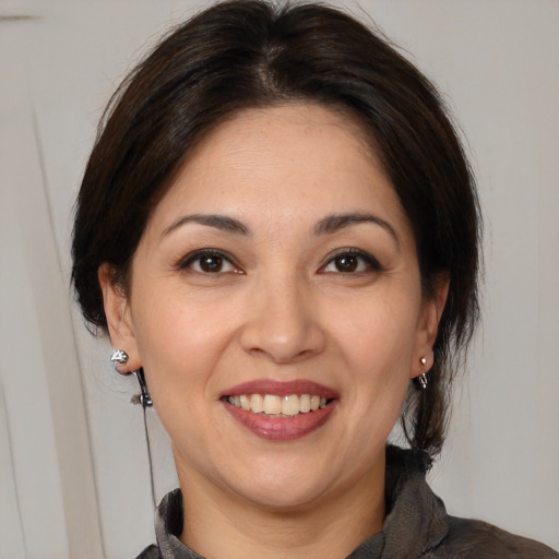 Joyful white adult female with medium  brown hair and brown eyes