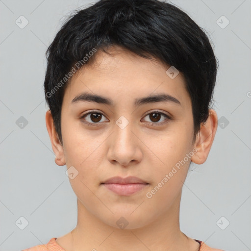 Neutral latino young-adult female with short  black hair and brown eyes