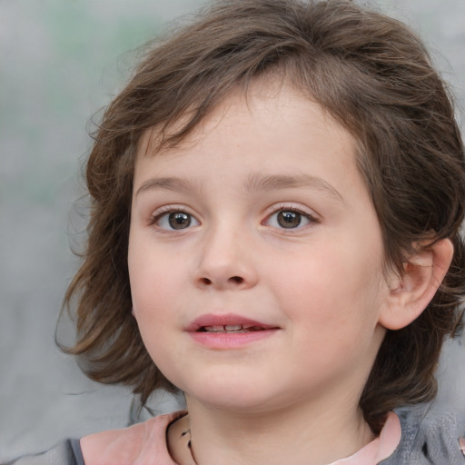 Joyful white child female with medium  brown hair and blue eyes