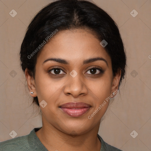 Joyful latino young-adult female with medium  brown hair and brown eyes