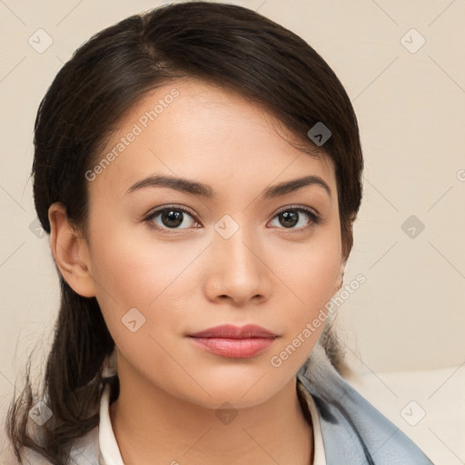 Neutral white young-adult female with medium  brown hair and brown eyes