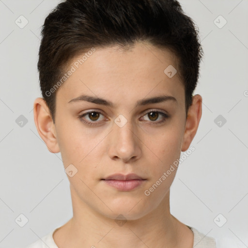 Neutral white young-adult female with short  brown hair and brown eyes