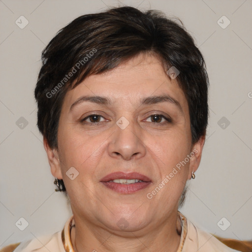 Joyful white adult female with short  brown hair and brown eyes