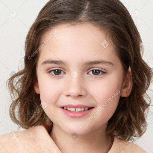 Joyful white child female with medium  brown hair and brown eyes