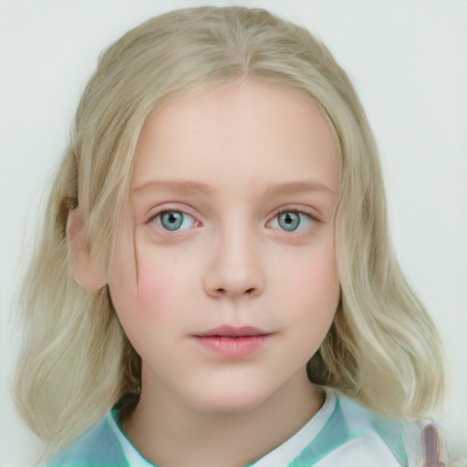 Neutral white child female with medium  blond hair and blue eyes