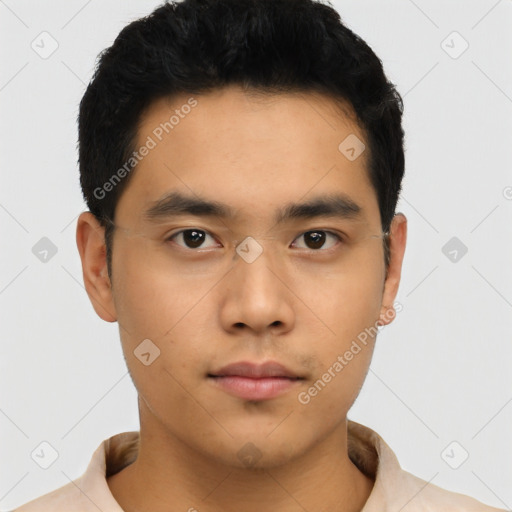 Neutral asian young-adult male with short  black hair and brown eyes