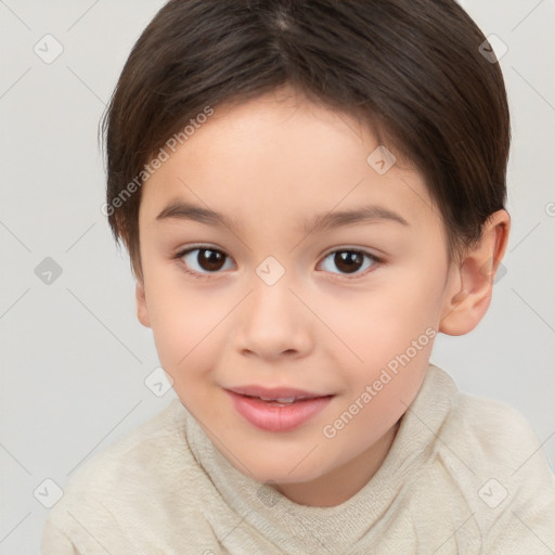 Joyful white child female with short  brown hair and brown eyes