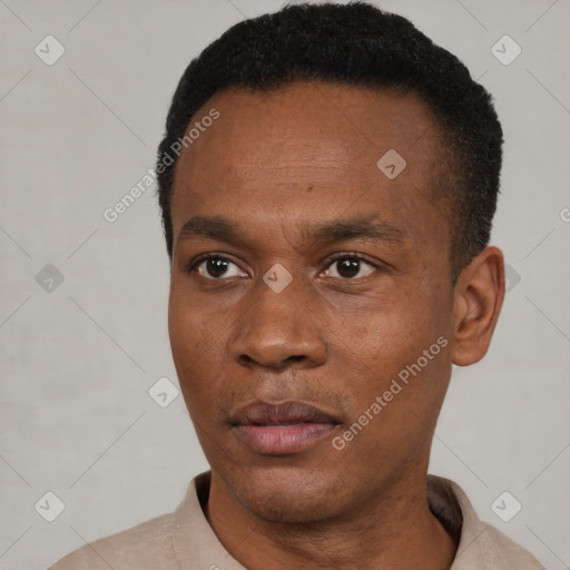 Neutral black young-adult male with short  black hair and brown eyes
