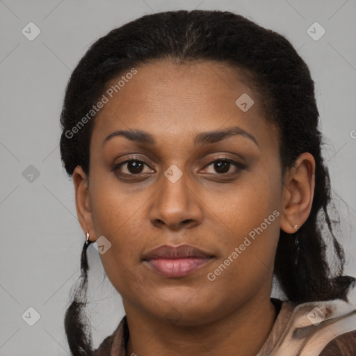 Neutral latino young-adult female with short  black hair and brown eyes