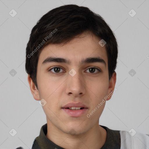 Neutral white young-adult male with short  brown hair and brown eyes