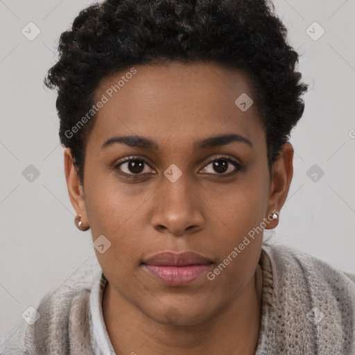 Neutral black young-adult female with short  brown hair and brown eyes