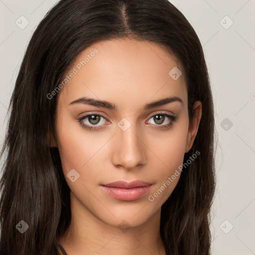 Neutral white young-adult female with long  brown hair and brown eyes