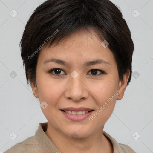 Joyful white young-adult female with short  brown hair and brown eyes