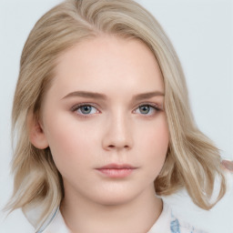 Neutral white young-adult female with medium  brown hair and blue eyes