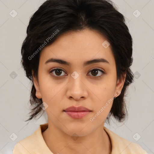 Neutral asian young-adult female with medium  brown hair and brown eyes