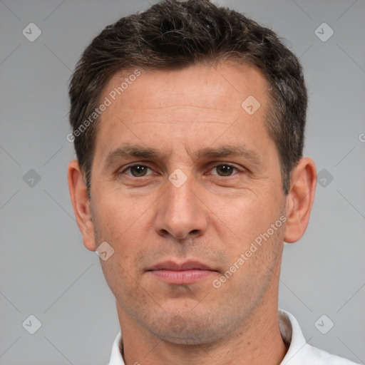 Neutral white adult male with short  brown hair and brown eyes