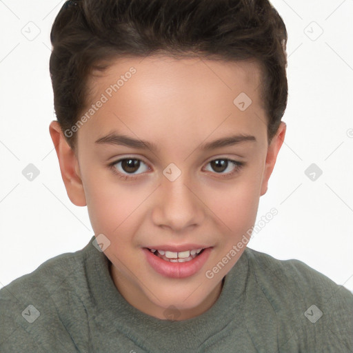 Joyful white child female with short  brown hair and brown eyes