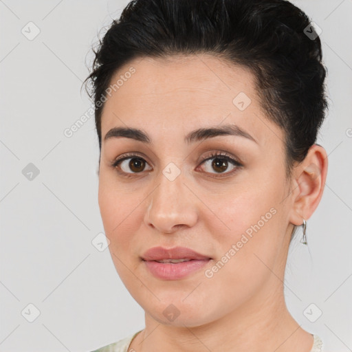 Joyful white young-adult female with medium  brown hair and brown eyes