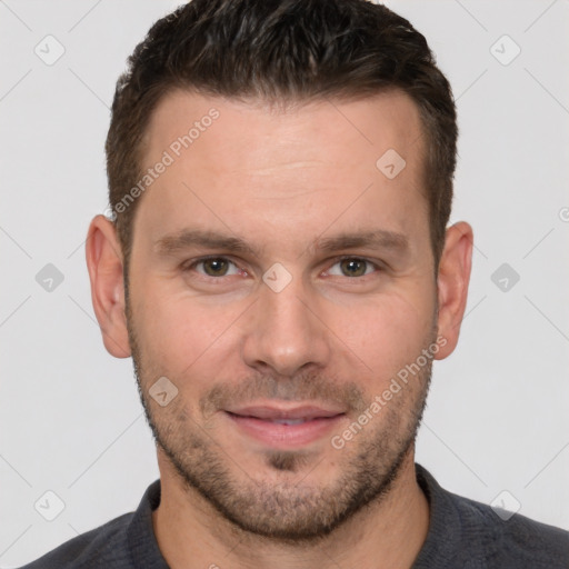 Joyful white young-adult male with short  brown hair and brown eyes