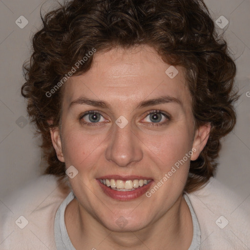 Joyful white young-adult female with medium  brown hair and blue eyes