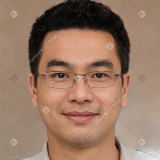 Joyful white young-adult male with short  black hair and brown eyes