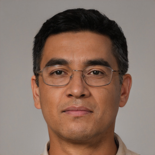 Neutral asian adult male with short  black hair and brown eyes