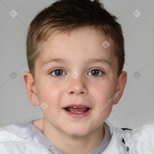 Joyful white child male with short  brown hair and brown eyes