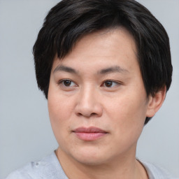 Joyful asian young-adult male with short  brown hair and brown eyes