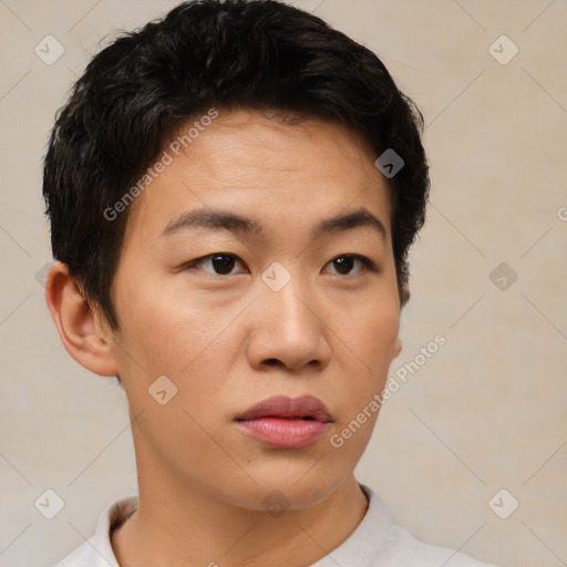 Neutral asian young-adult female with short  brown hair and brown eyes