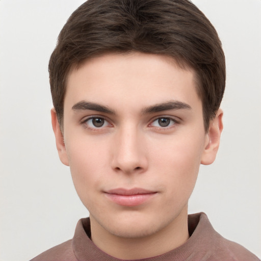 Neutral white young-adult male with short  brown hair and brown eyes