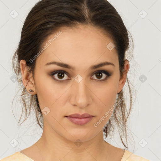 Neutral white young-adult female with medium  brown hair and brown eyes