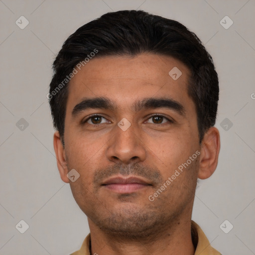 Neutral latino young-adult male with short  black hair and brown eyes