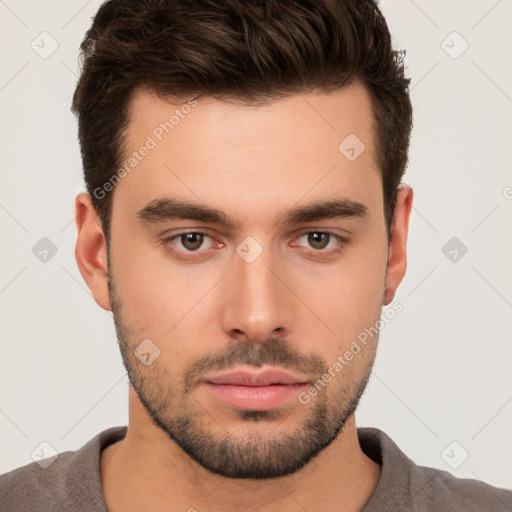 Neutral white young-adult male with short  brown hair and brown eyes