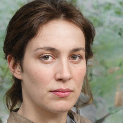 Neutral white young-adult female with medium  brown hair and grey eyes