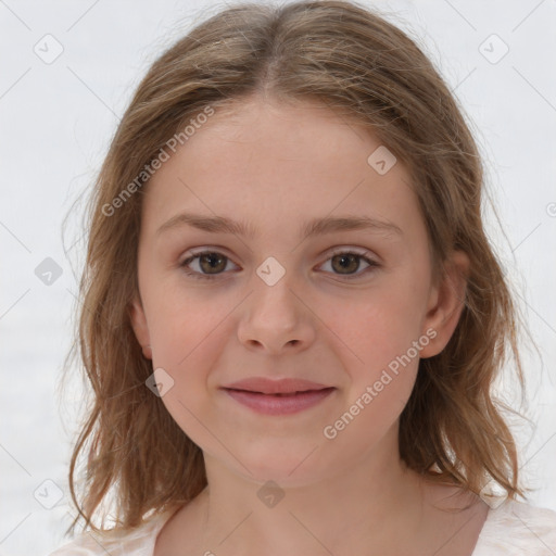 Joyful white child female with medium  brown hair and grey eyes